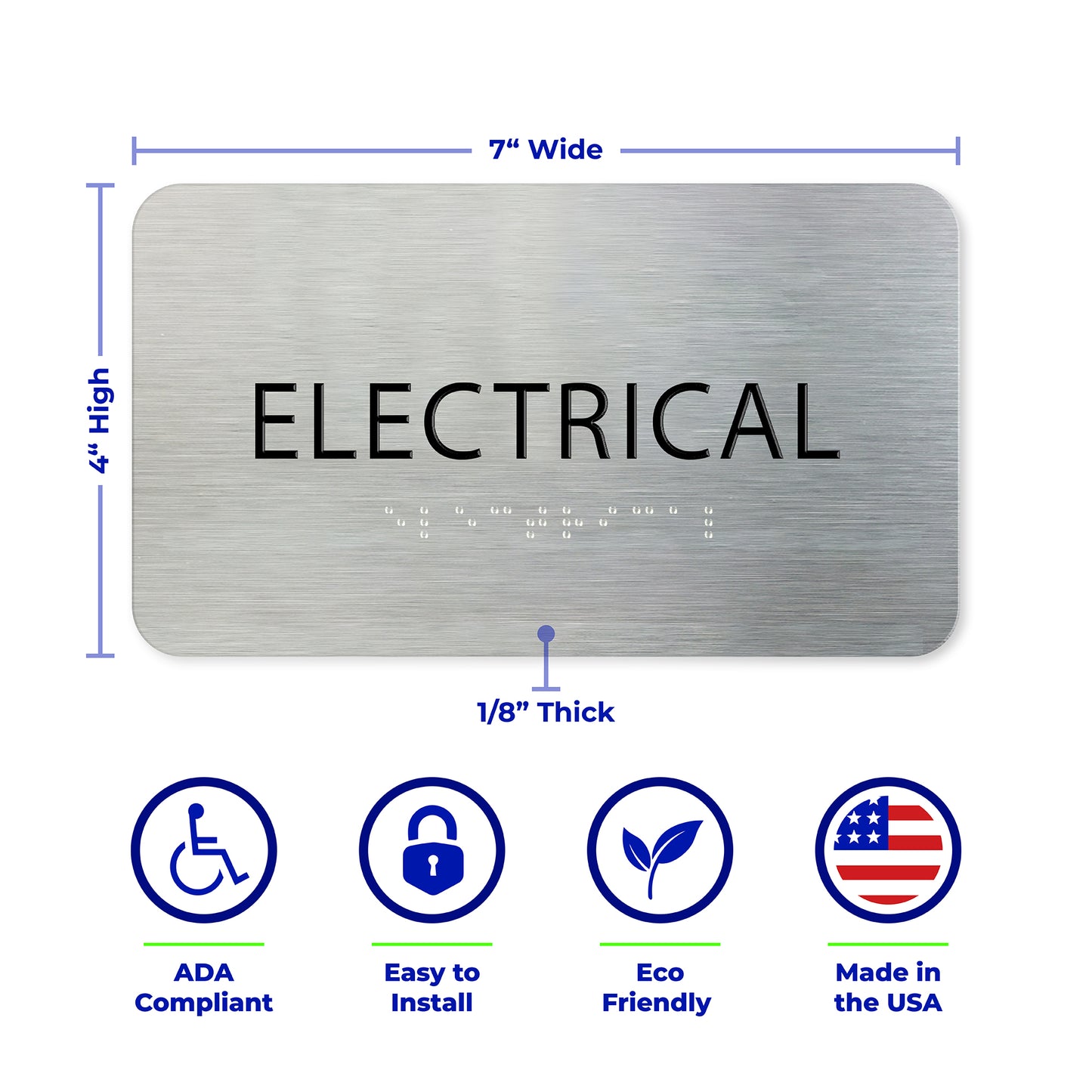 ELECTRICAL Room Sign, ADA Compliant, Electrical Closet Sign, Aluminum Brushed Silver, Black Raised Text, Grade 2 Braille, size 7" x 4