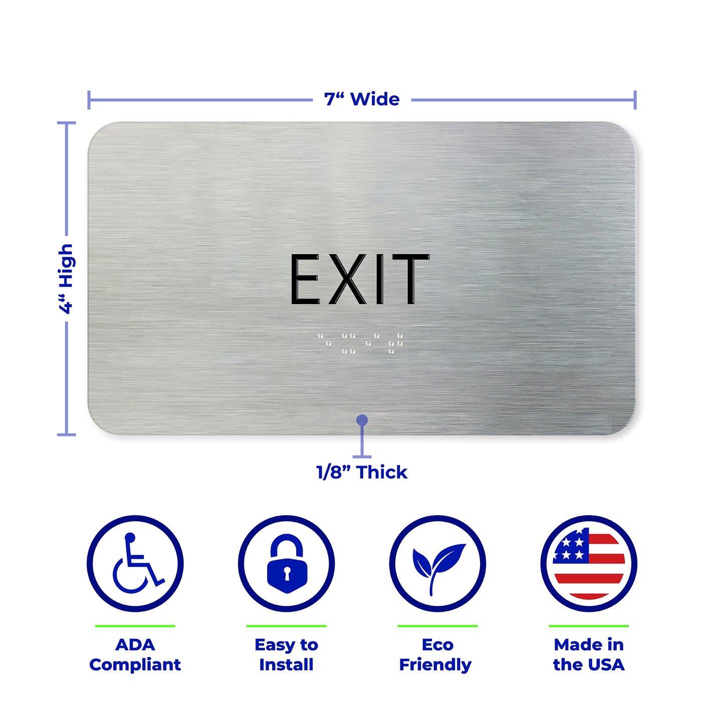 EXIT Sign, ADA Compliant, Aluminum Brushed Silver, Office Door Signs, Black Raised Text, Grade 2 Braille, 7" x 4"