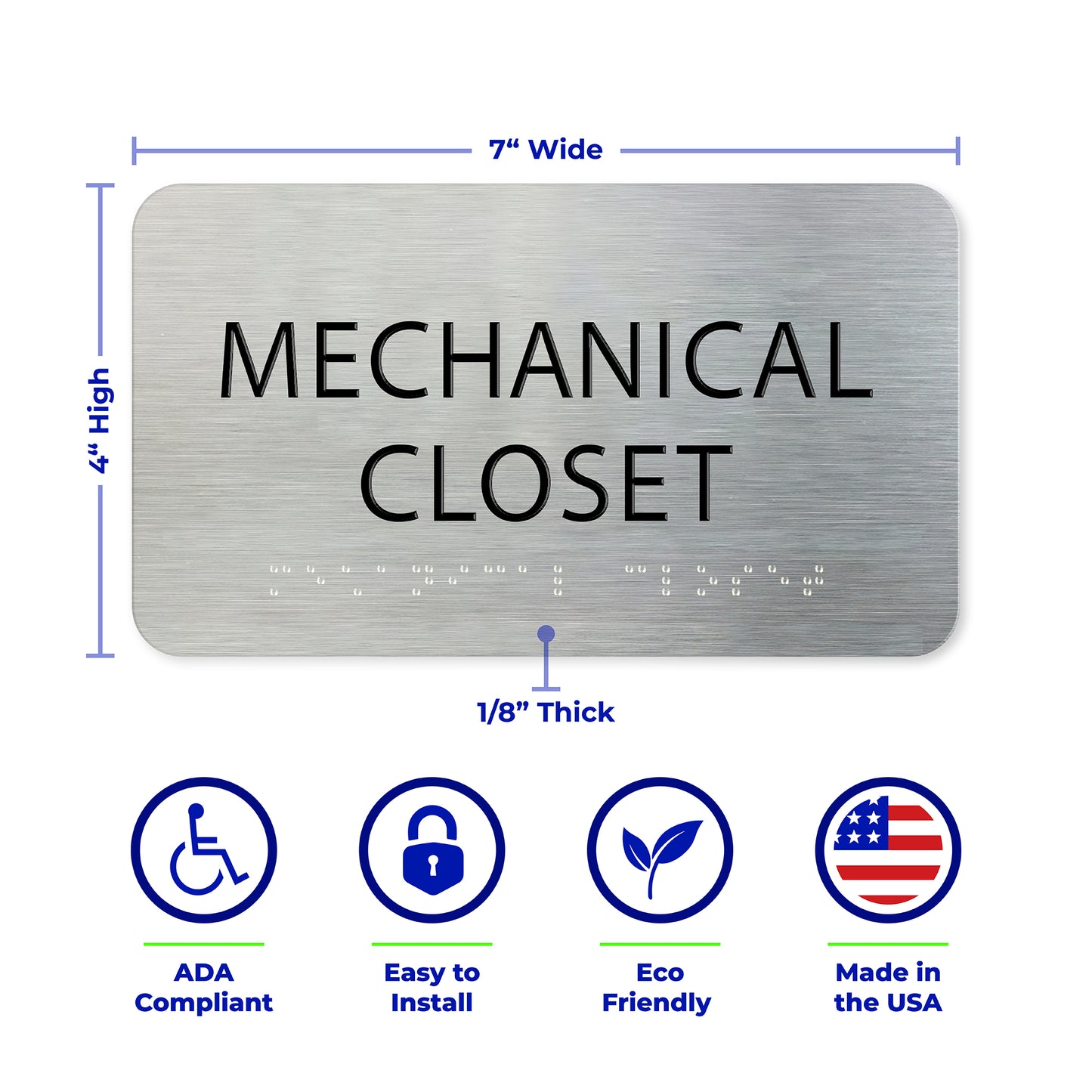 MECHANICAL CLOSET Sign, ADA Compliant, Office Sign, Aluminum Brushed Silver, Black Raised Text, Grade 2 Braille, 7" x 4"