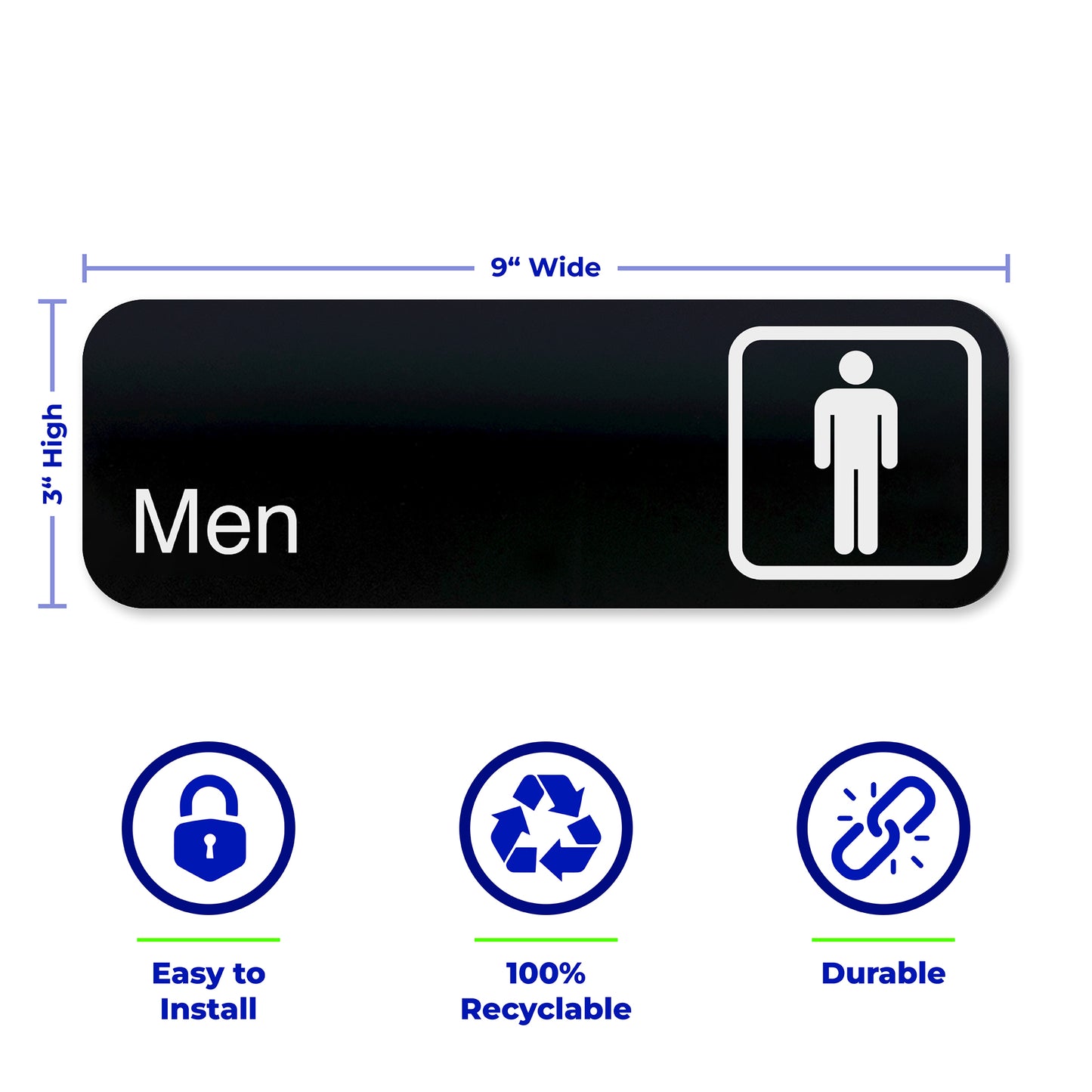 MEN Restroom Sign, Man Symbol, Bathroom Sign, Black Acrylic, White Text, 9"x 3"