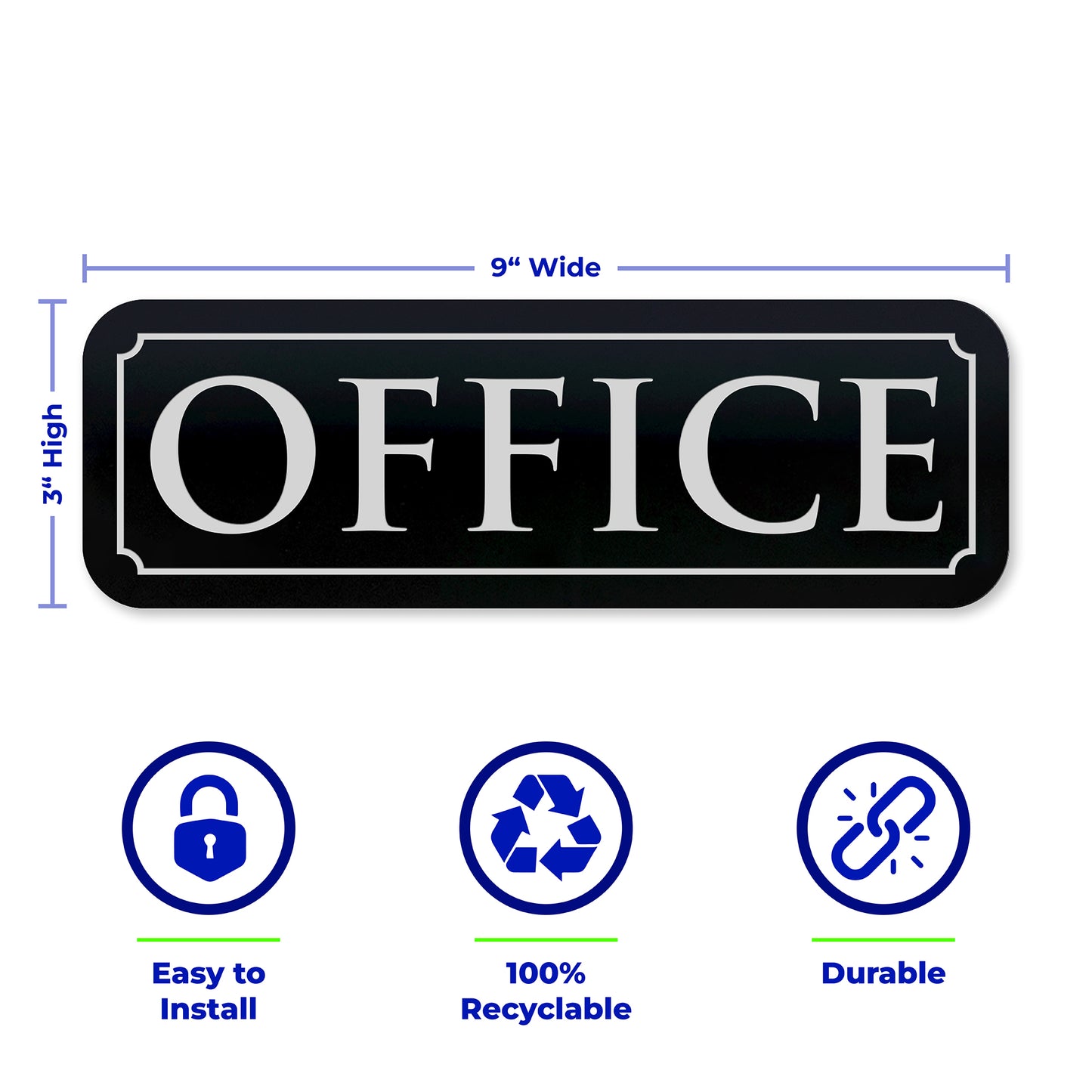 Office Door Sign Package, OFFICE, Black Acrylic, White Text. 9"x 3" - SET OF 3
