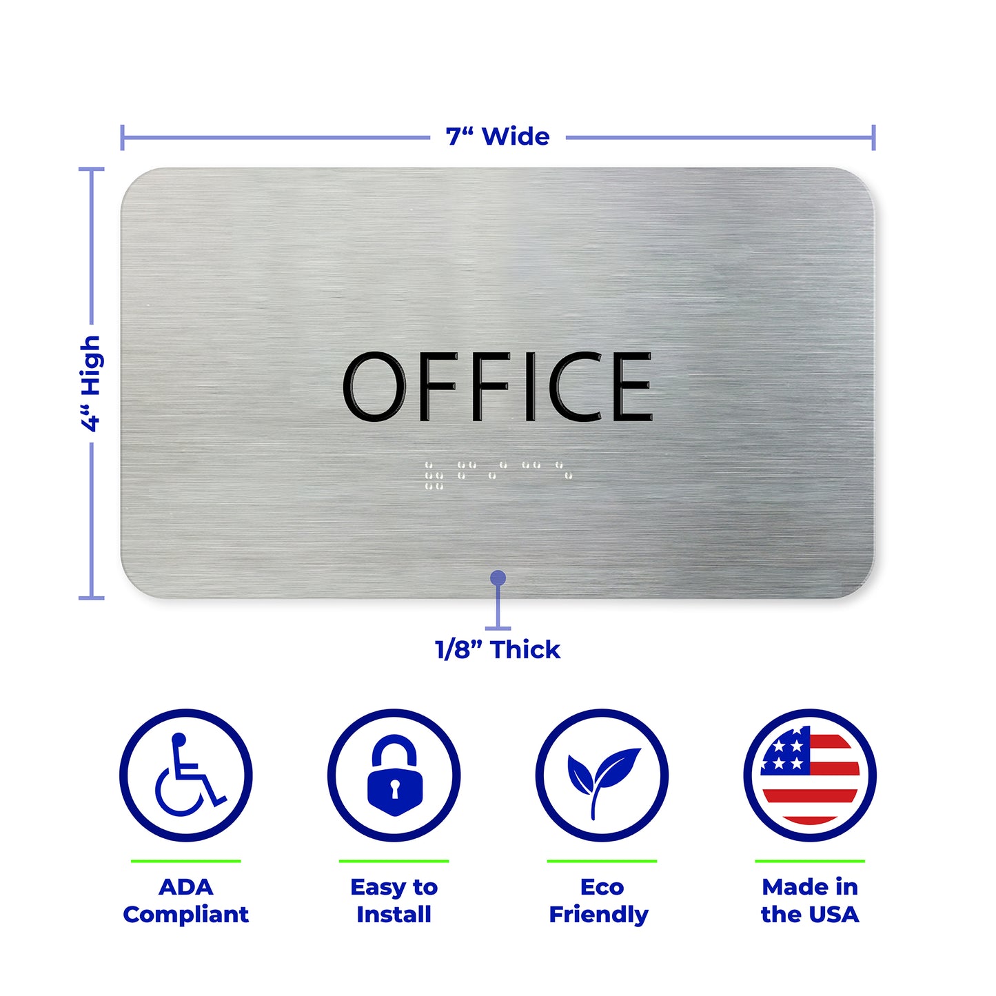 OFFICE Sign for Door, ADA Compliant, Office Door Signs, Aluminum Brushed Silver, Black Raised Text, Grade 2 Braille, 7" x 4"