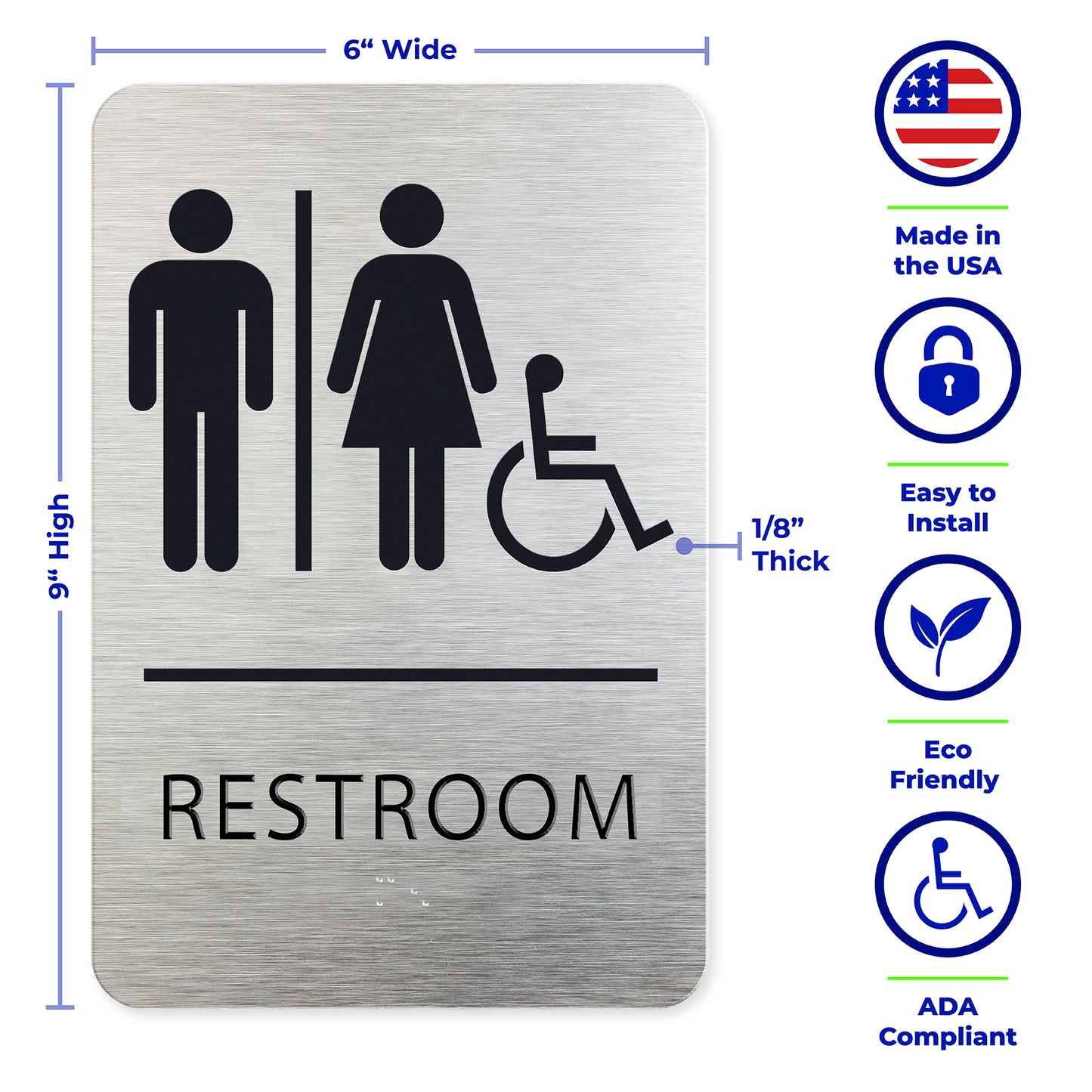 UNISEX Bathroom Sign with Man, Woman, Wheelchair Symbols, Brushed Silver, Black Raised Text, Grade II Braille, 6"x9"