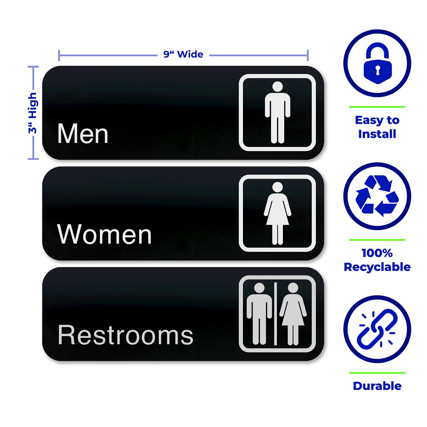 Restroom Signs for Business, Sign Package, MEN, WOMEN, RESTROOM, Black Acrylic, White Text, 9" x 3" - Set of 3