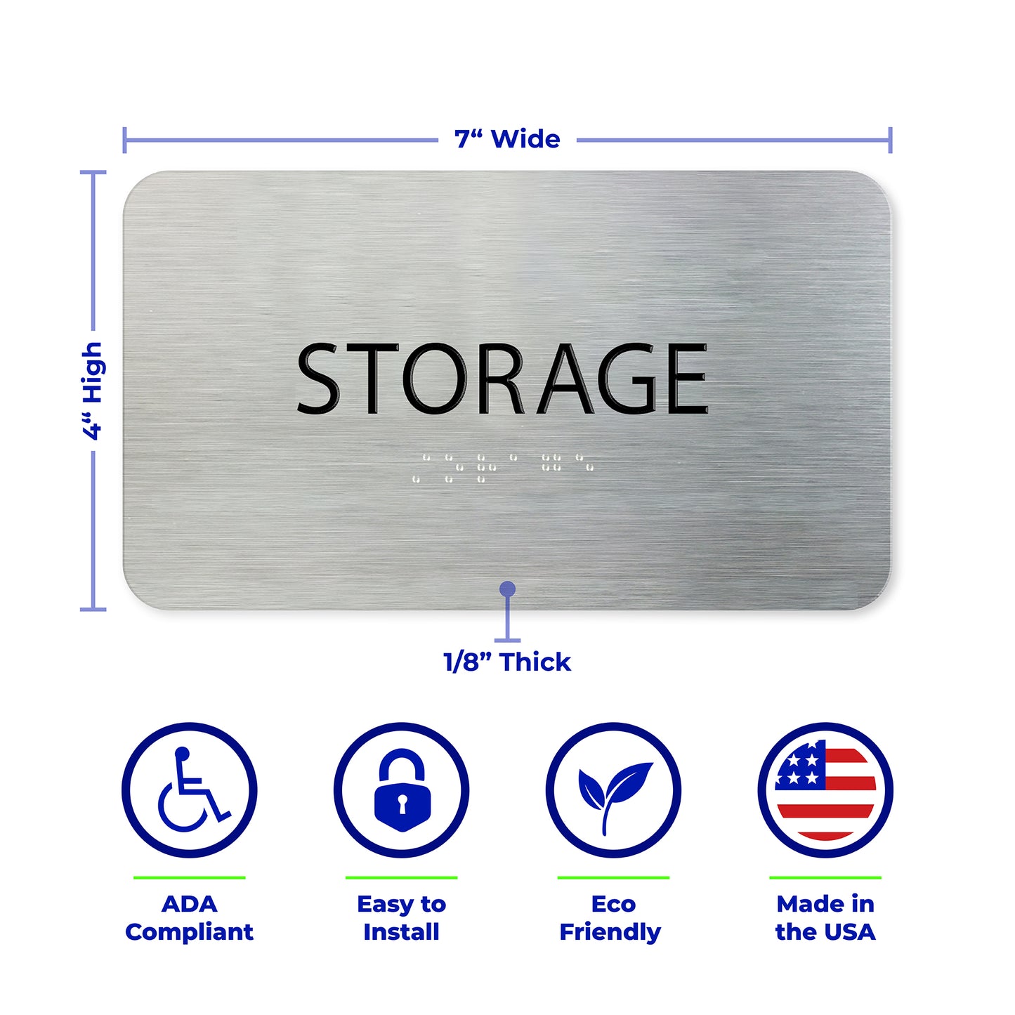 STORAGE Sign, ADA compliant, Storage Room Sign, Aluminum Brushed Silver , Black Raised Text, Grade 2 Braille, 7" x 4"