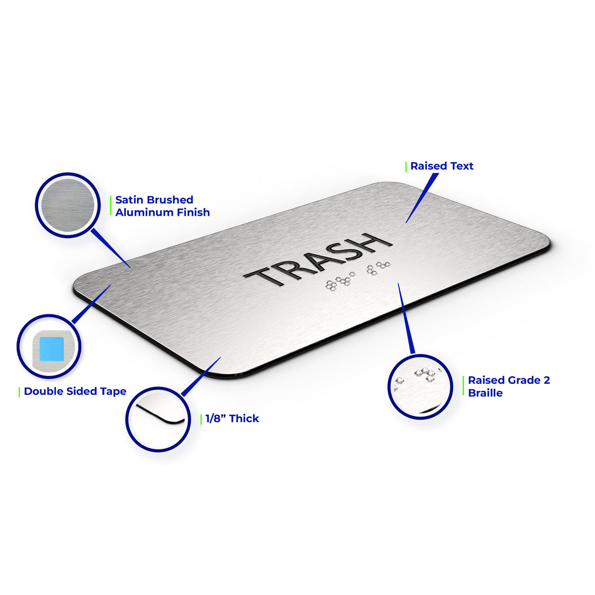 TRASH Sign - Brushed Silver Aluminum - ADA Compliant