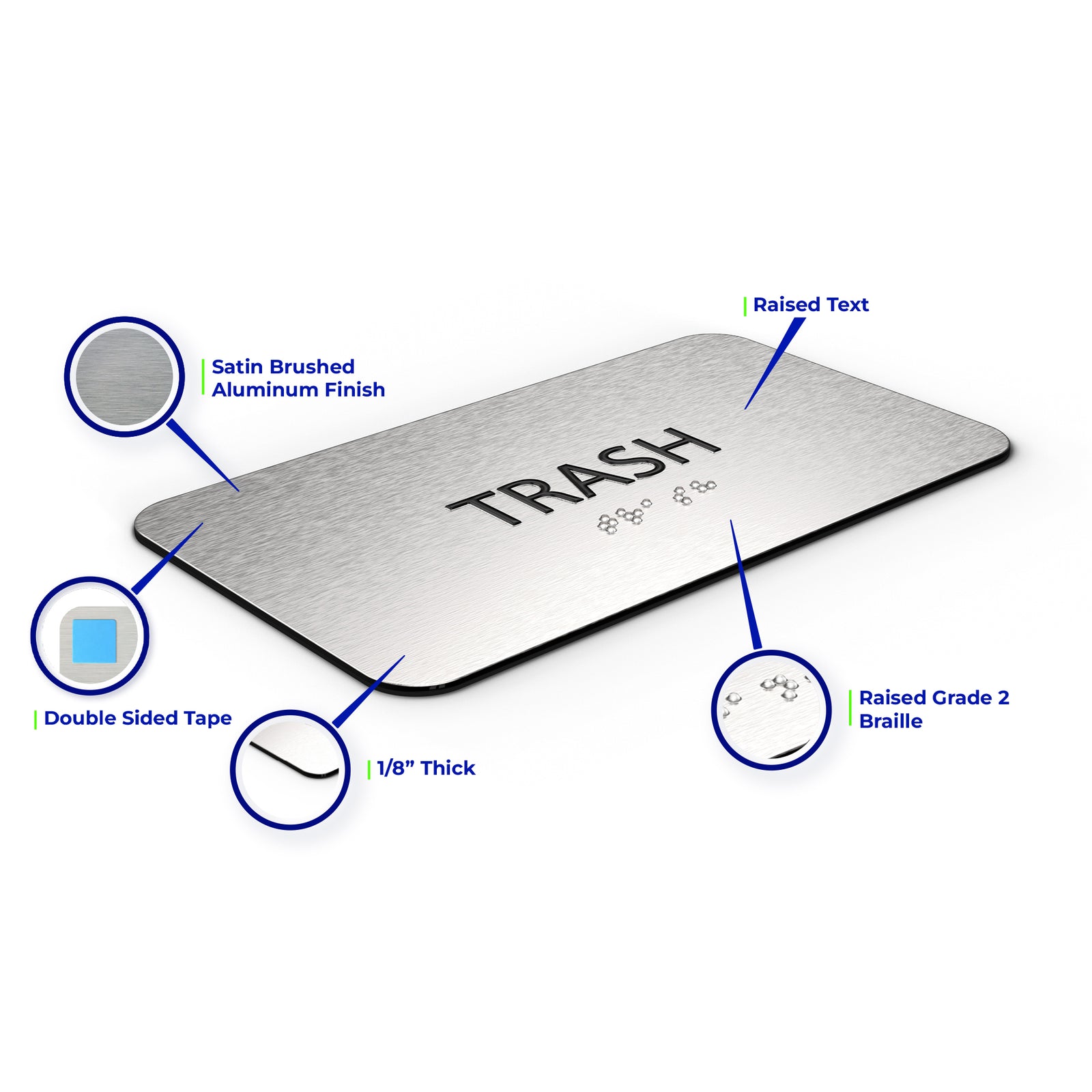 TRASH Sign - Brushed Silver Aluminum - ADA Compliant