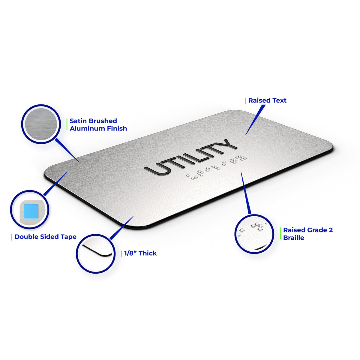 UTILITY CLOSET Sign, - Brushed Silver Aluminum - ADA Compliant
