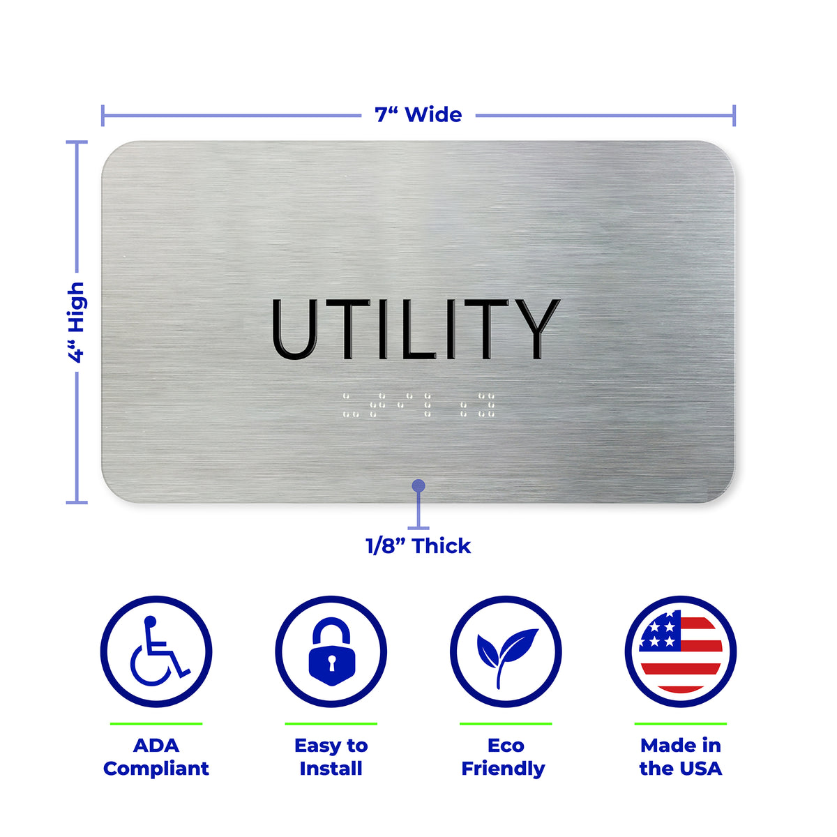 UTILITY CLOSET Sign, - Brushed Silver Aluminum - ADA Compliant