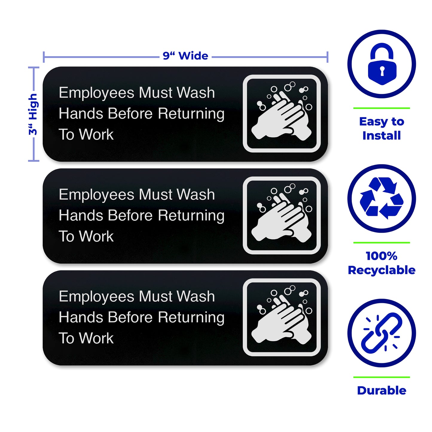 EMPLOYEES MUST WASH HANDS BEFORE RETURNING TO WORK, Black Acrylic, White Text, 9"x 3" - SET OF 3