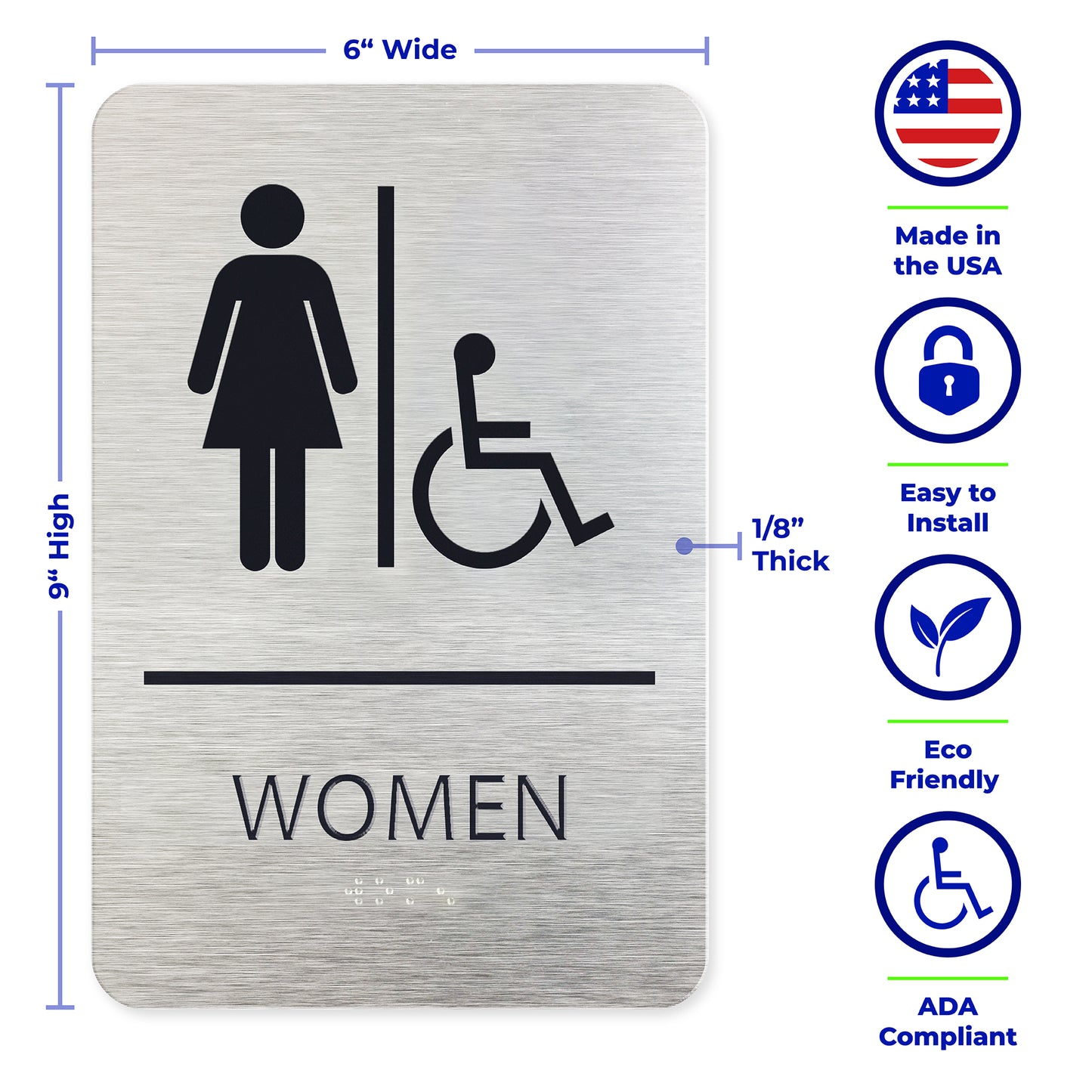 WOMEN Restroom Sign with Woman & Wheelchair Symbols, Brushed Silver, Black Raised Text, Grade II Braille, 6"x 9"
