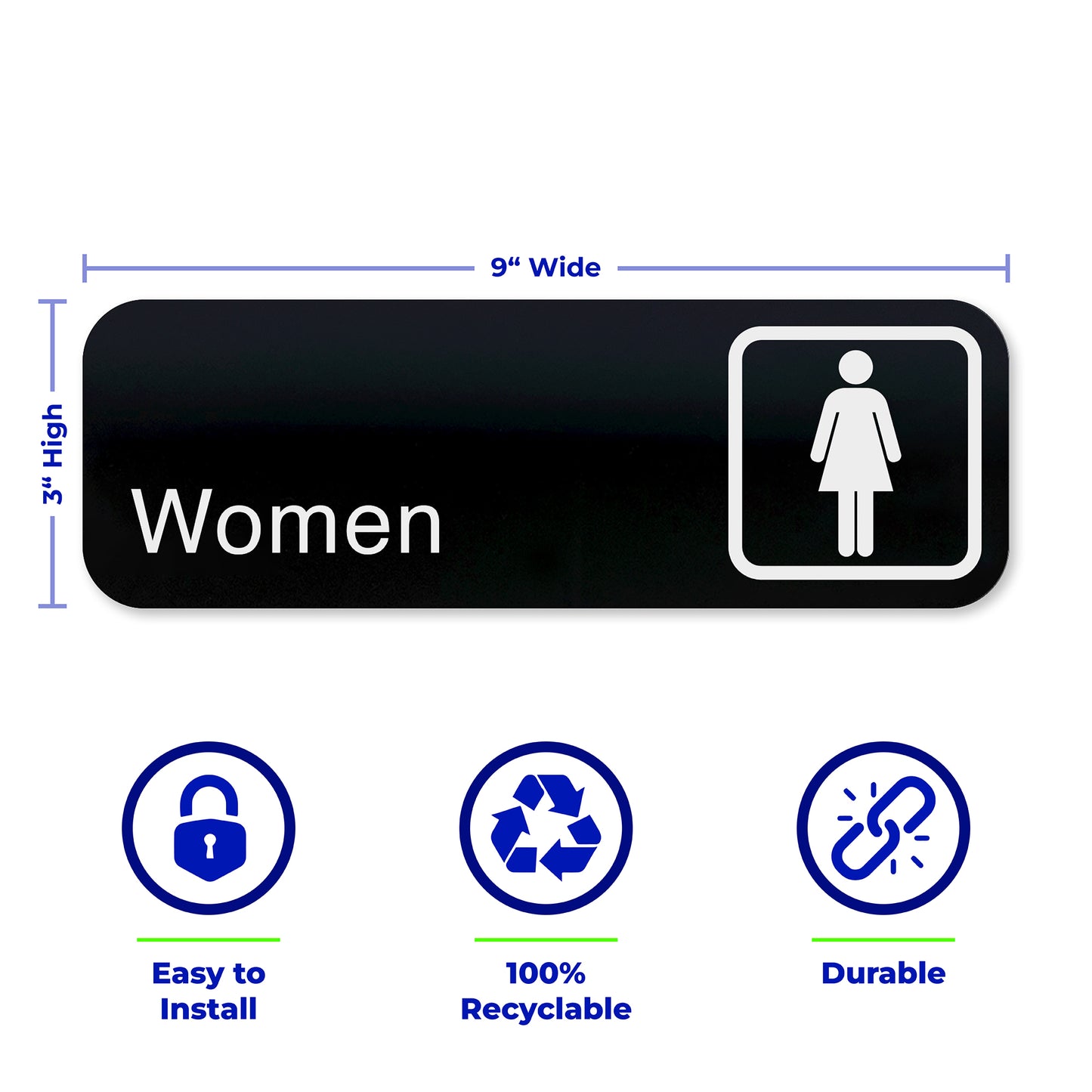WOMEN Restroom Sign, Women Symbol, Bathroom Sign, Black Acrylic, White Text, 9"x 3"
